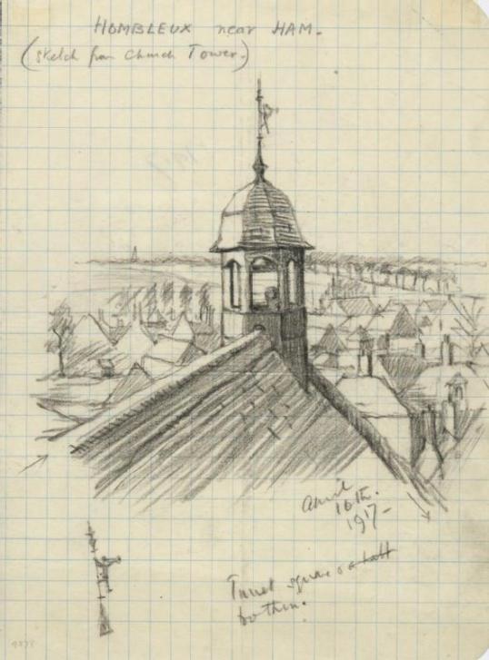 Hombleaux near Ham (sketch from Church Tower),  April 16th 1917 Rose, Geoffrey K (MC)  A sketched view across the rooftops of a small French town seen from the church tower, with the roof and small turret of the church in the foreground. Beyond are the roofs of houses, and then open countryside. There is a small study of a weather...