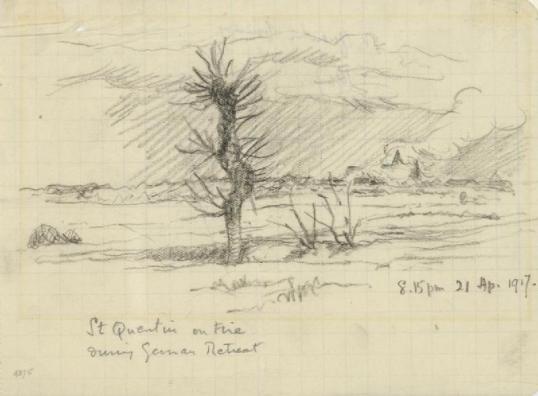 St Quentin on Fire During German Retreat,  8.15pm 21 April 1917 Rose, Geoffrey K (MC) 1917-04-21 A sketch view across a flat landscape with a tree in the centre foreground, looking towards the buildings of Saint-Quentin ablaze after being set on fire by retreating German forces. A large cloud of smoke drifts skywards. G. K. Rose would have been around Holnon at this time.